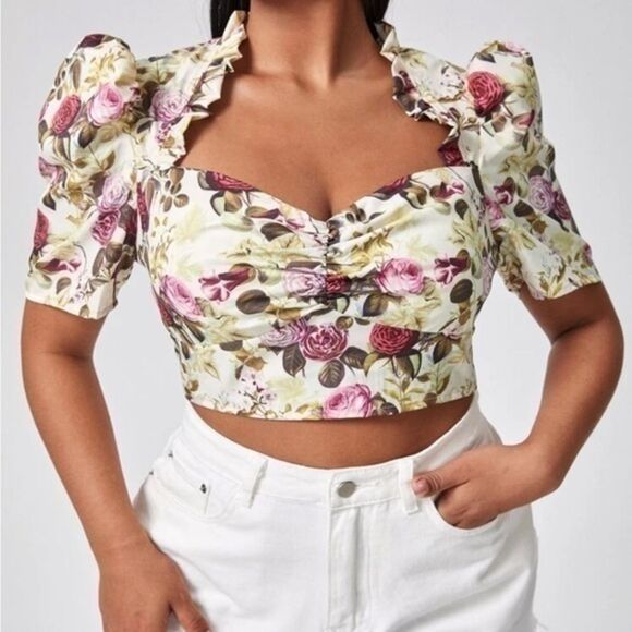 Tops - Shein Curve Vintage Flower Floral Zip up Puff sleeve Cropped Top Blouse XL
